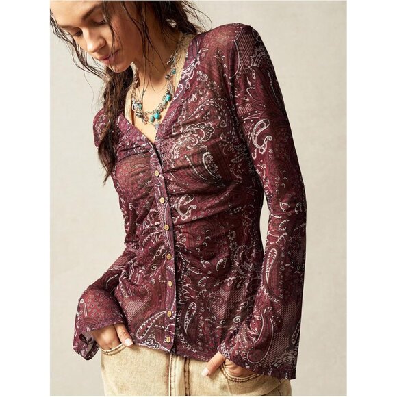 Women's Vintage Boho Paisley Button Down T Shirt V Neck Long Sleeve Fitted - Picture 2 of 5